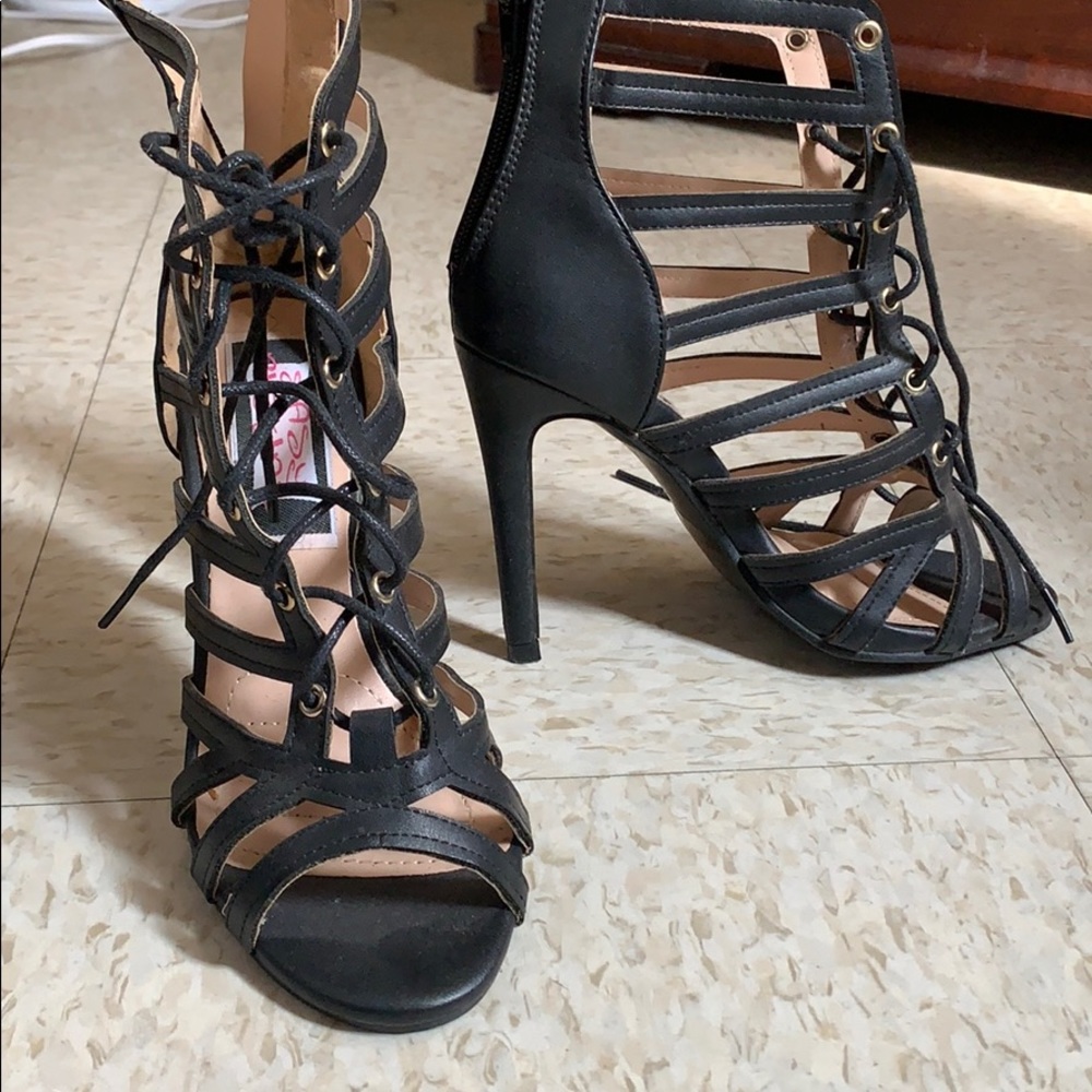 Lace up open toe heels